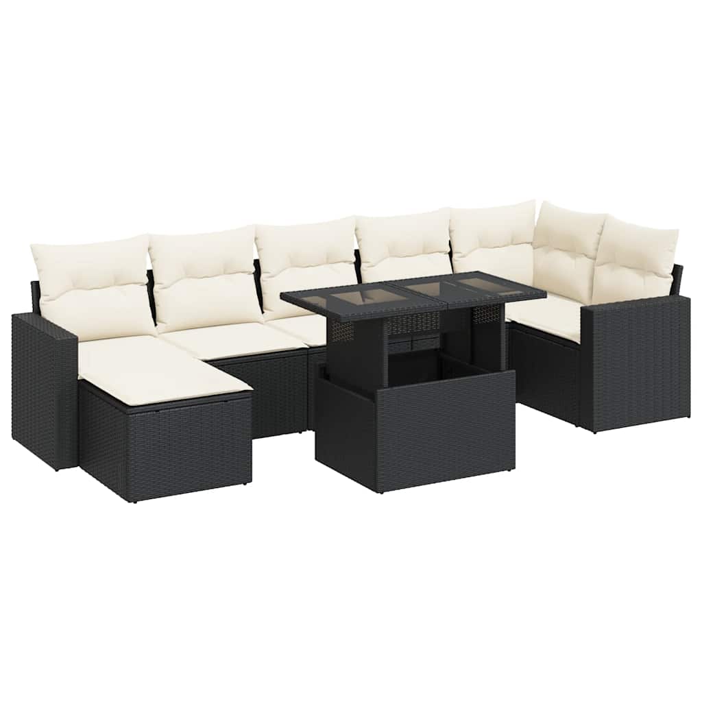 8 részes fekete polyrattan kerti ülőgarnitúra párnákkal