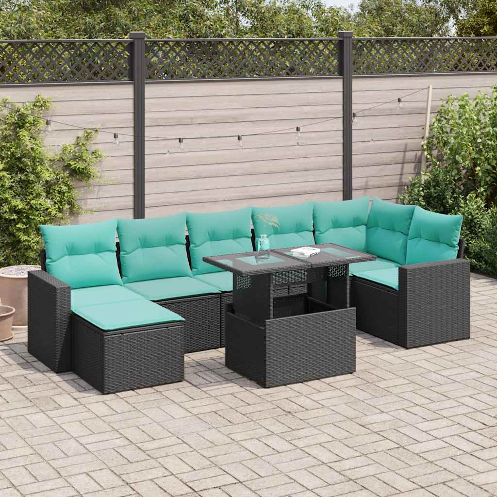 8 részes fekete polyrattan akácfa kerti ülőgarnitúra párnával