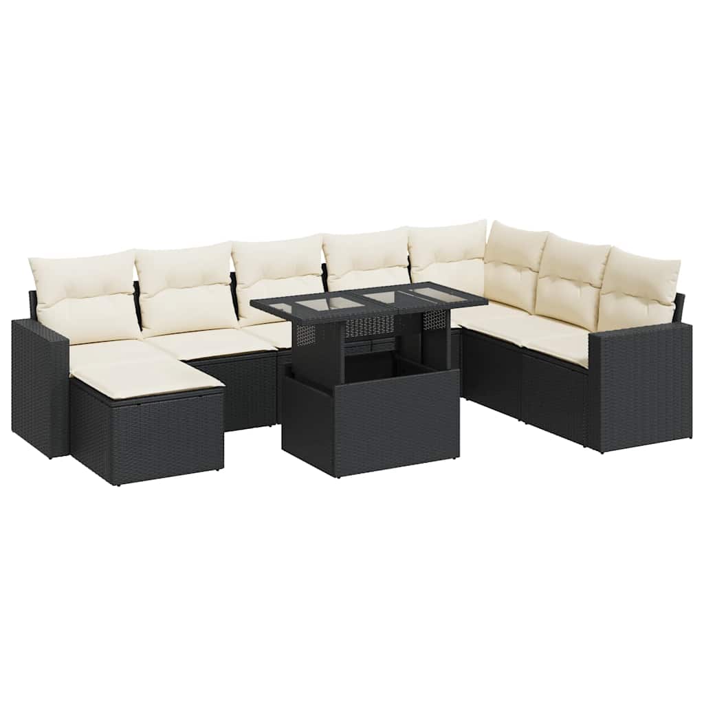 9 részes fekete polyrattan kerti ülőgarnitúra párnákkal