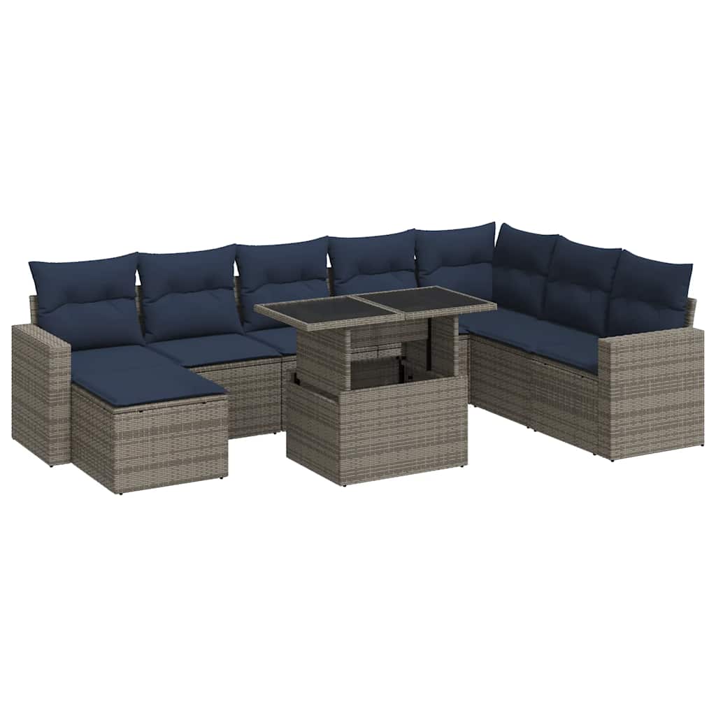 9 részes szürke polyrattan akácfa kerti ülőgarnitúra párnákkal
