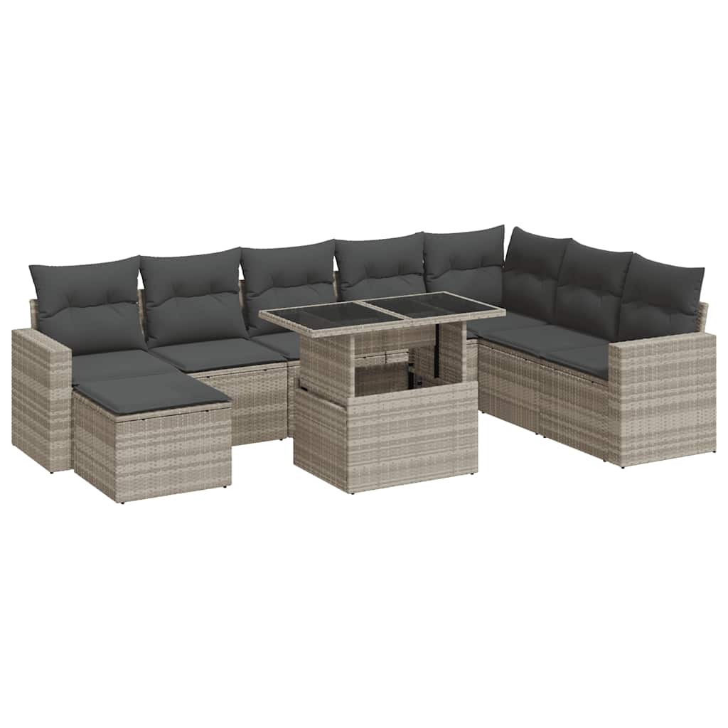 9 részes világosszürke polyrattan kerti ülőgarnitúra párnával