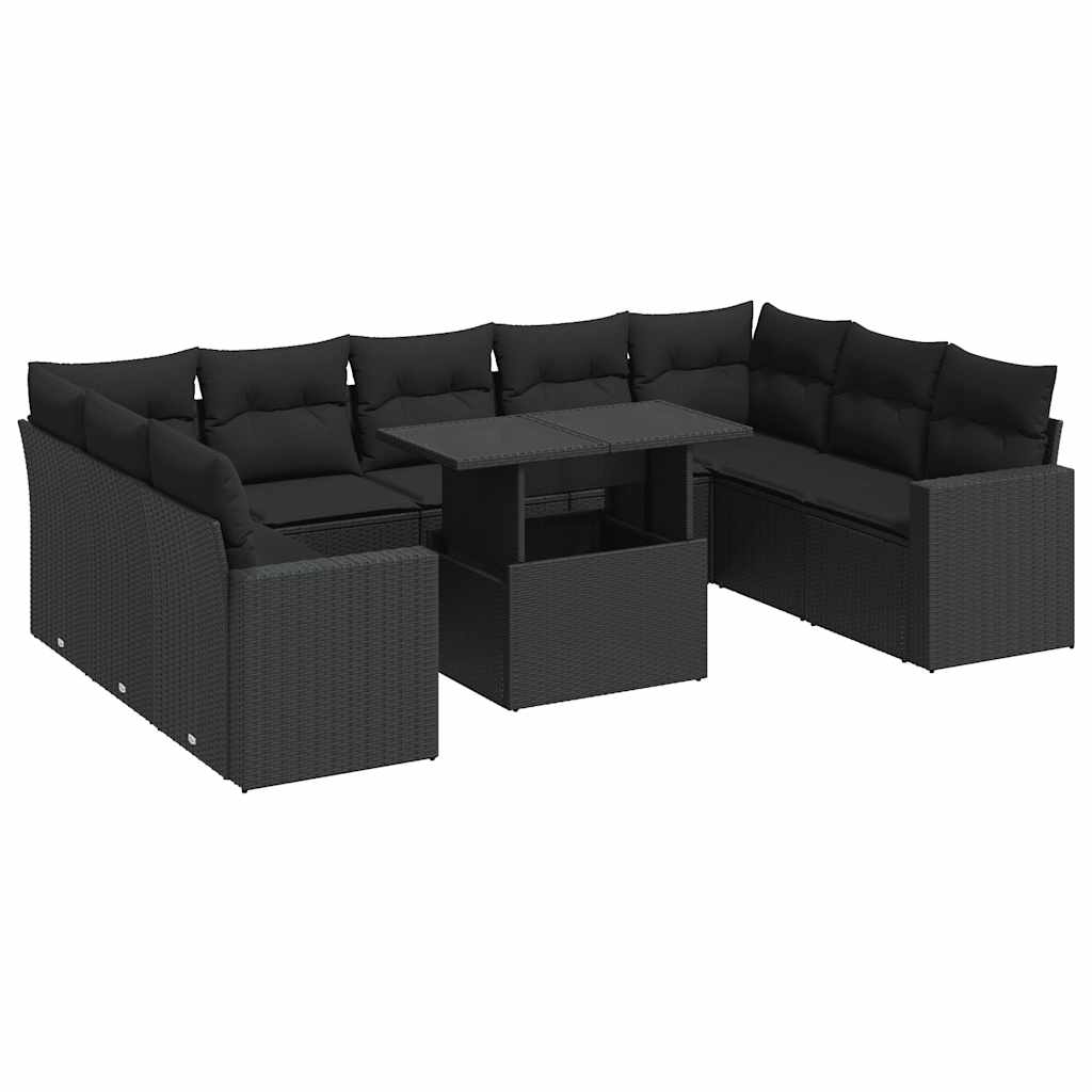 10 részes fekete polyrattan kerti ülőgarnitúra párnákkal