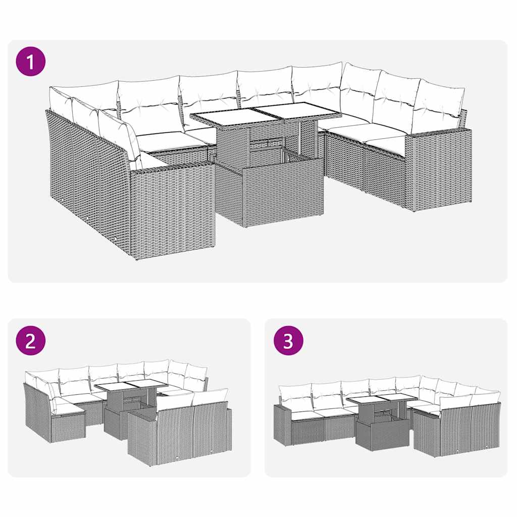 10 részes fekete polyrattan kerti ülőgarnitúra párnákkal
