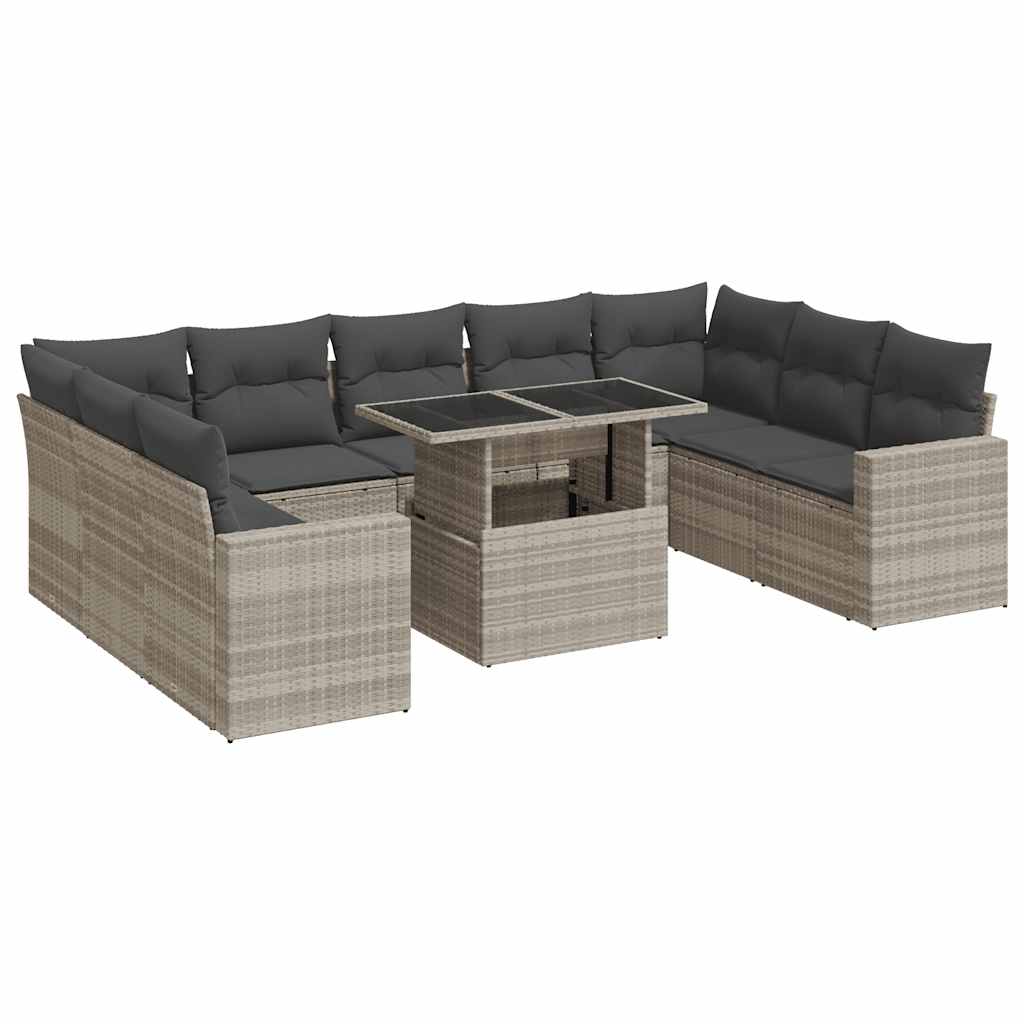 10 részes világosszürke polyrattan kerti ülőgarnitúra párnákkal