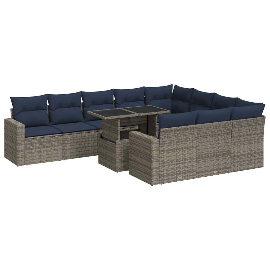 11 részes szürke polyrattan akácfa kerti ülőgarnitúra párnákkal