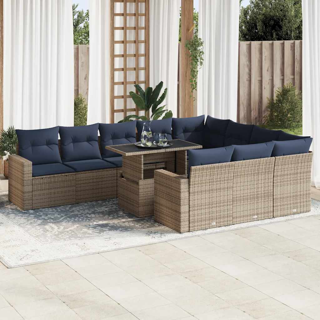11 részes szürke polyrattan akácfa kerti ülőgarnitúra párnákkal