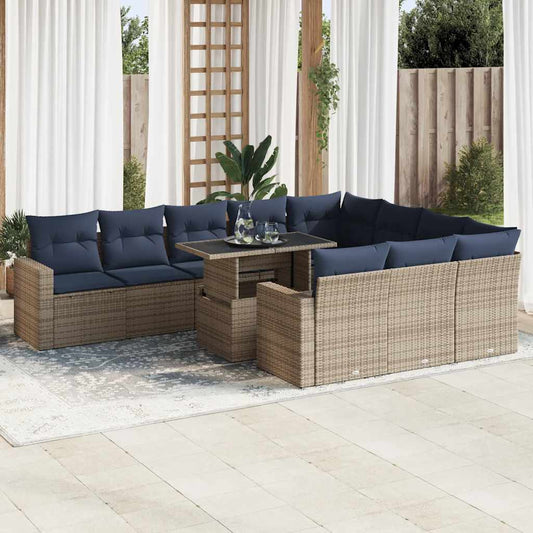 11 részes szürke polyrattan akácfa kerti ülőgarnitúra párnákkal