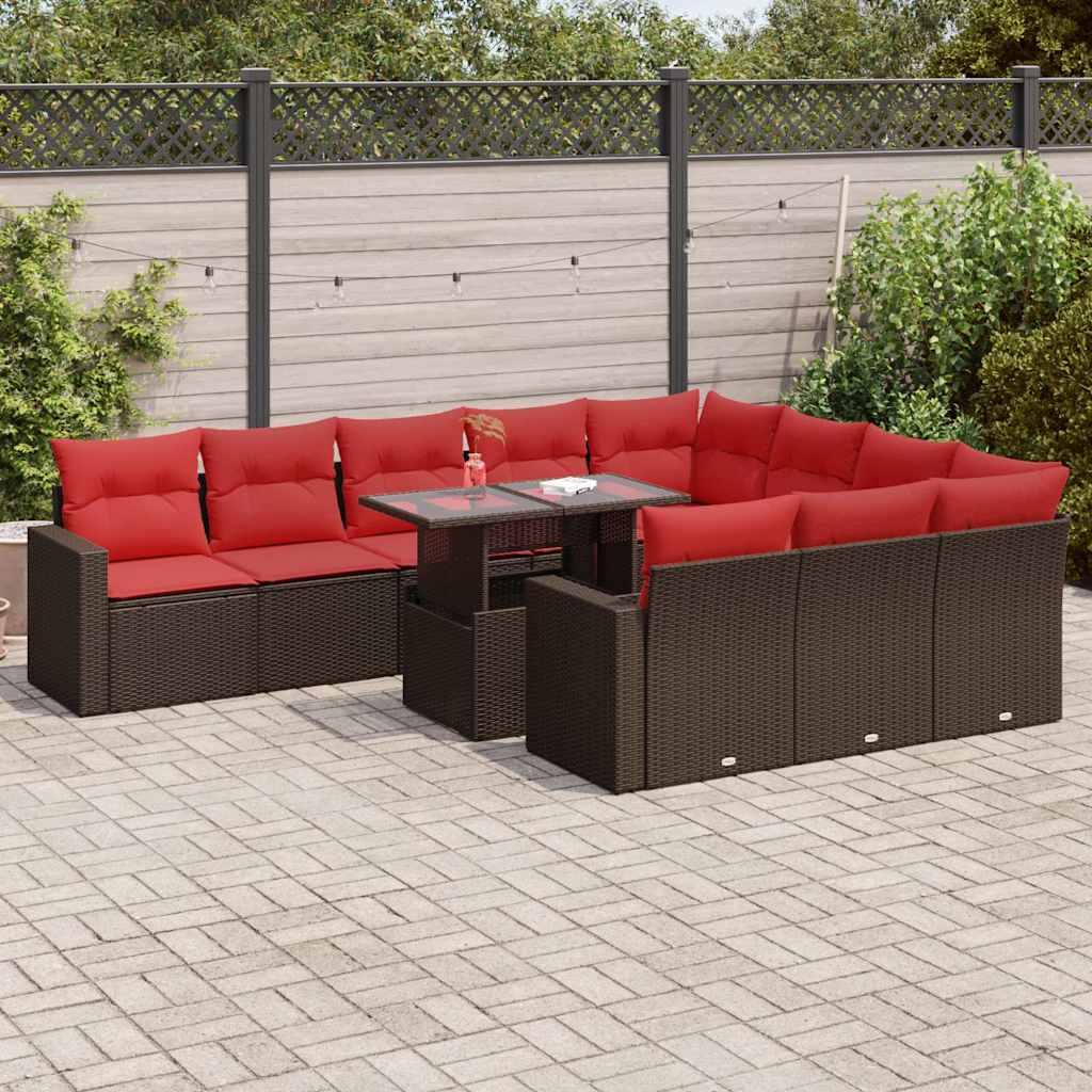 11 részes barna polyrattan akácfa kerti ülőgarnitúra párnákkal