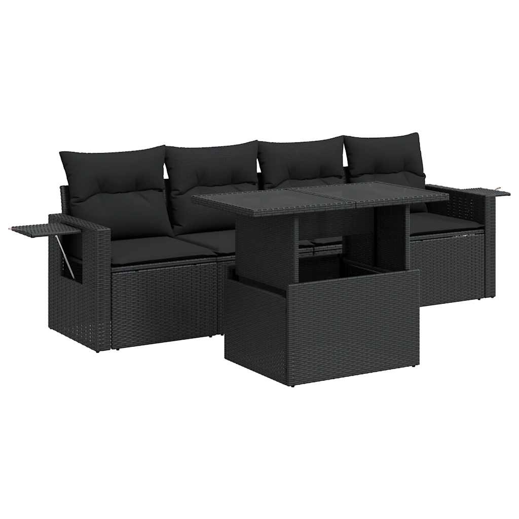 5 részes fekete polyrattan kerti kanapészett párnákkal