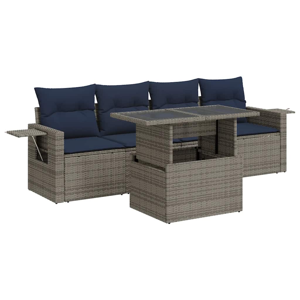 5 részes szürke polyrattan kerti kanapészett párnákkal