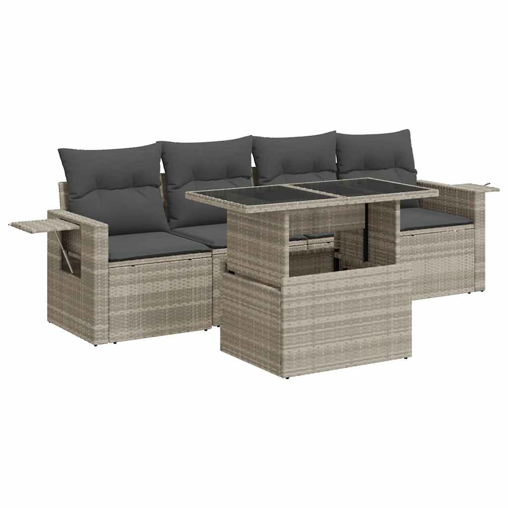 5 részes világosszürke polyrattan kerti ülőgarnitúra párnákkal