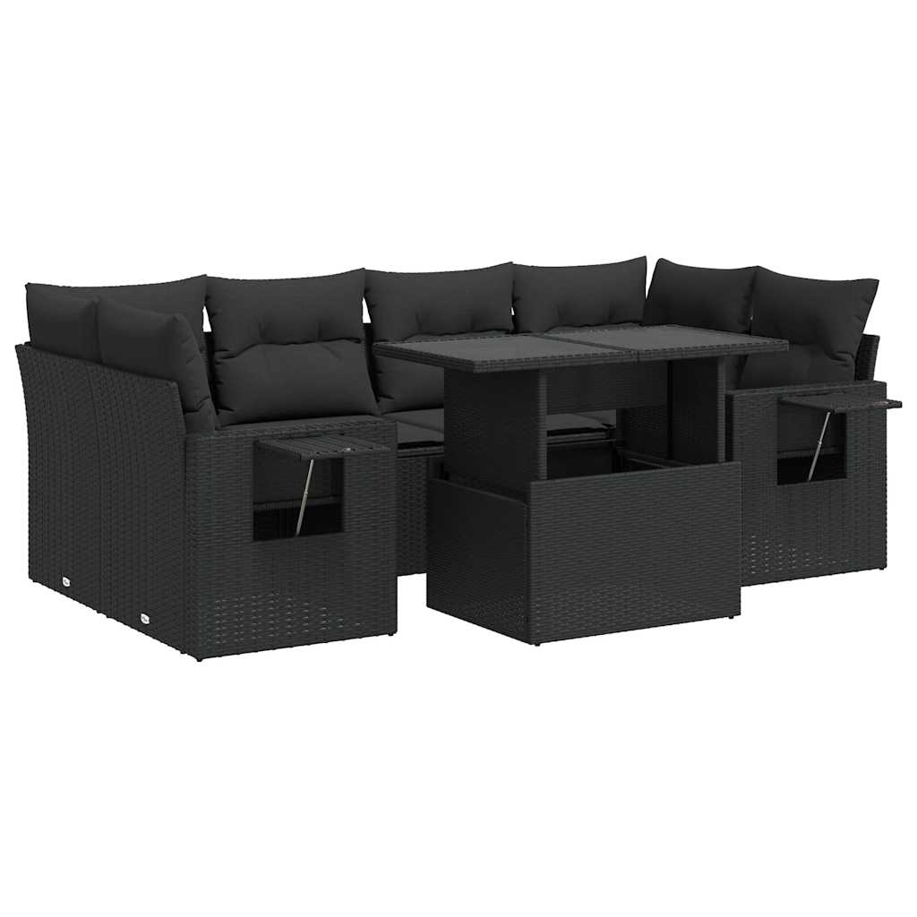 7 részes fekete polyrattan kerti ülőgarnitúra párnával
