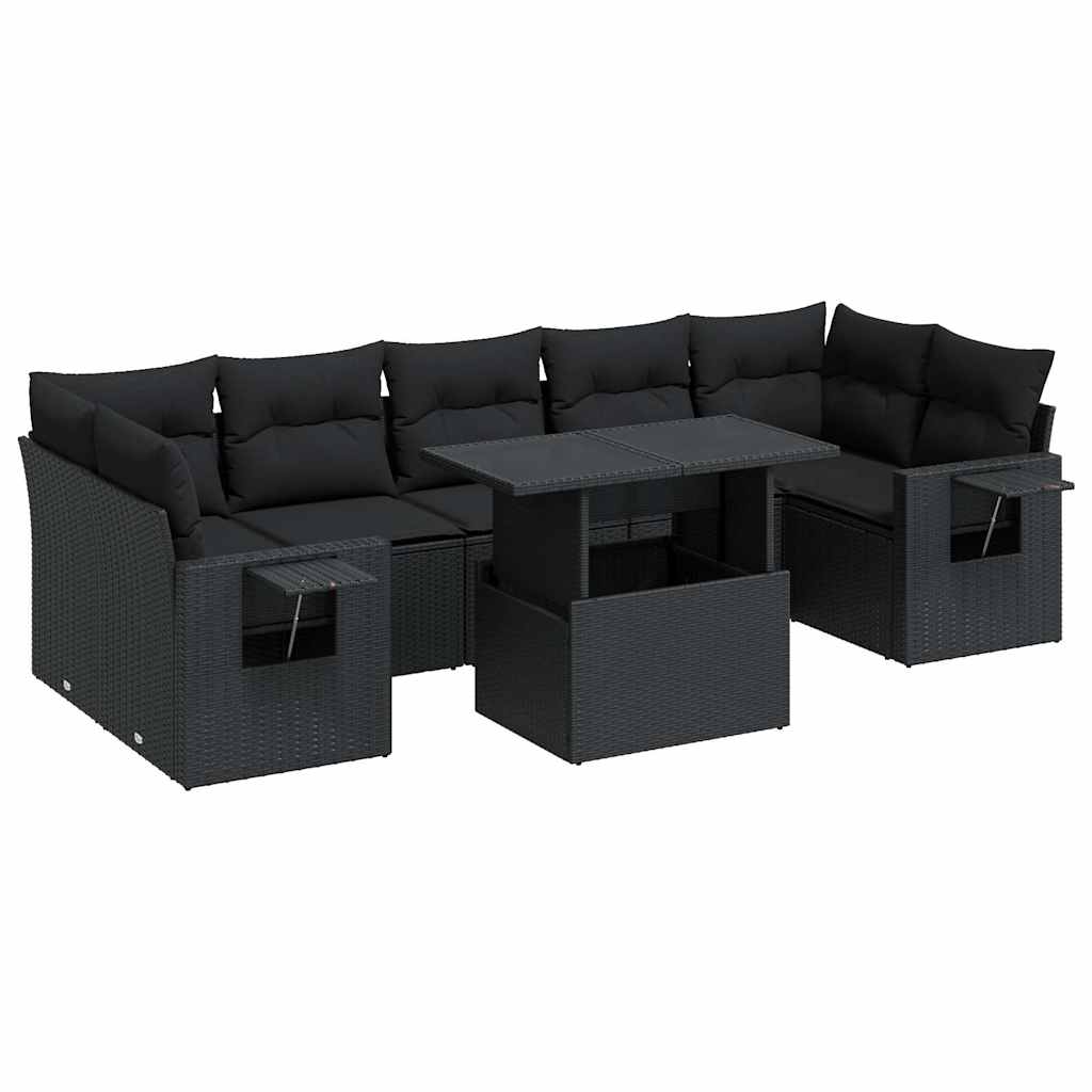 8 részes fekete polyrattan kerti ülőgarnitúra párnákkal