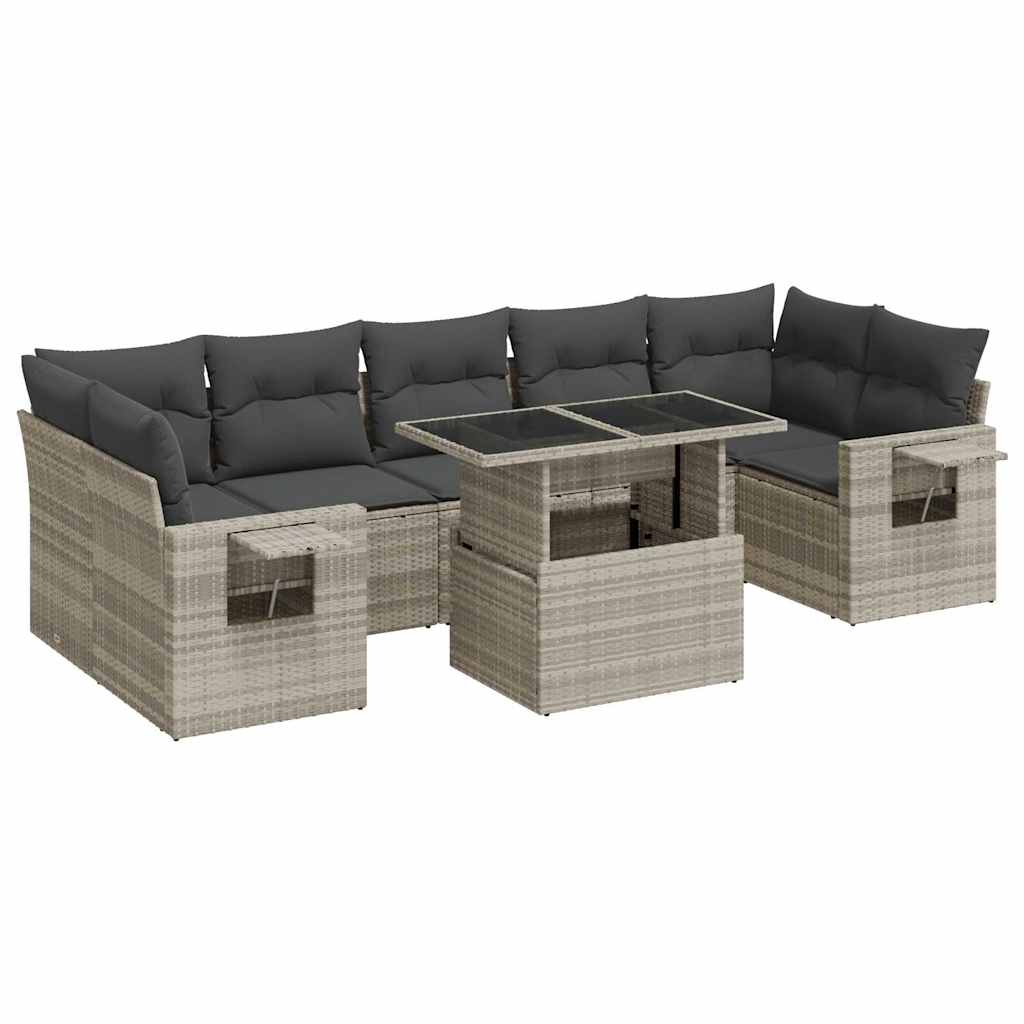 8 részes világosszürke polyrattan kerti ülőgarnitúra párnával