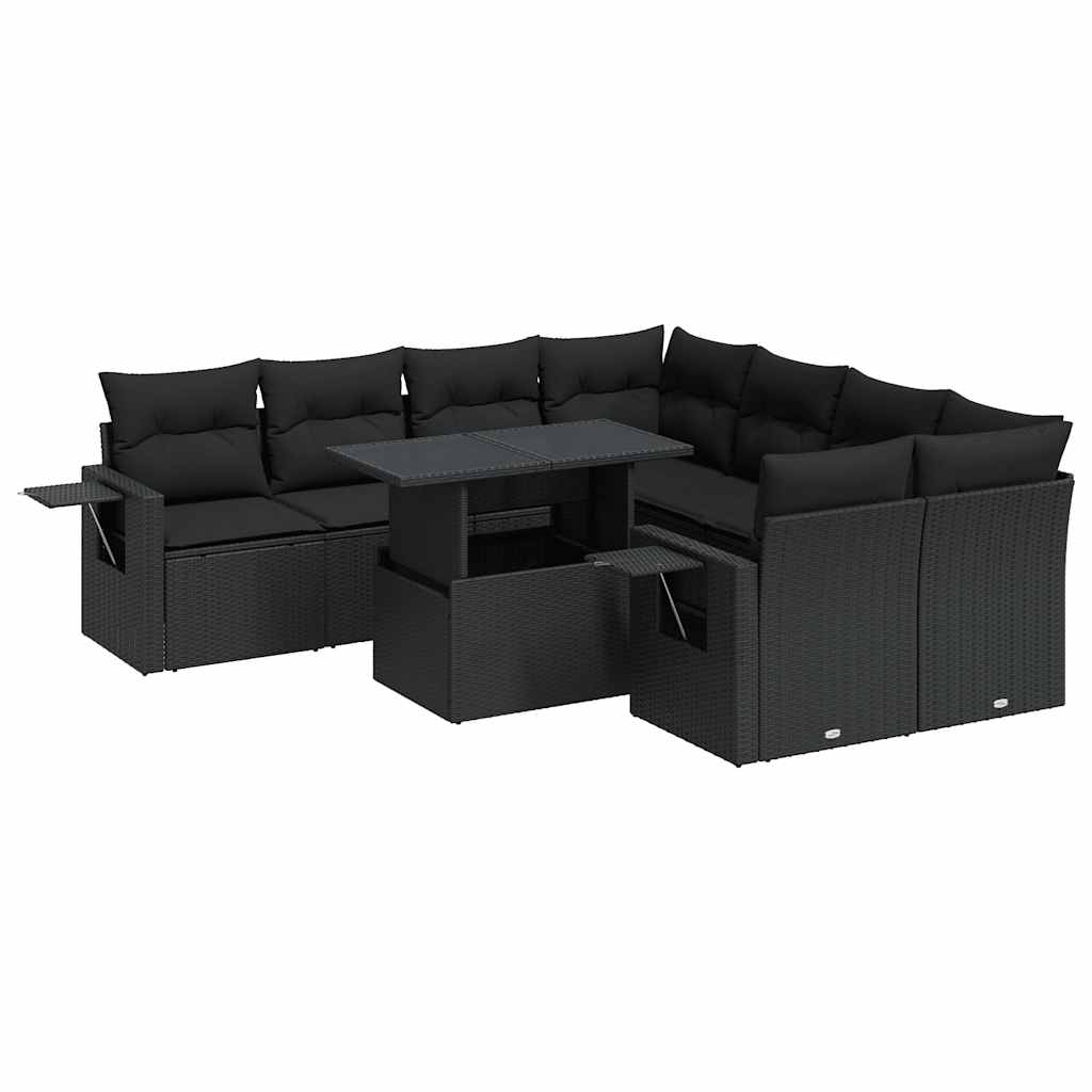 9 részes fekete polyrattan kerti ülőgarnitúra párnákkal