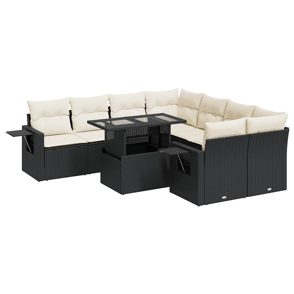 9 részes fekete polyrattan kerti ülőgarnitúra párnákkal