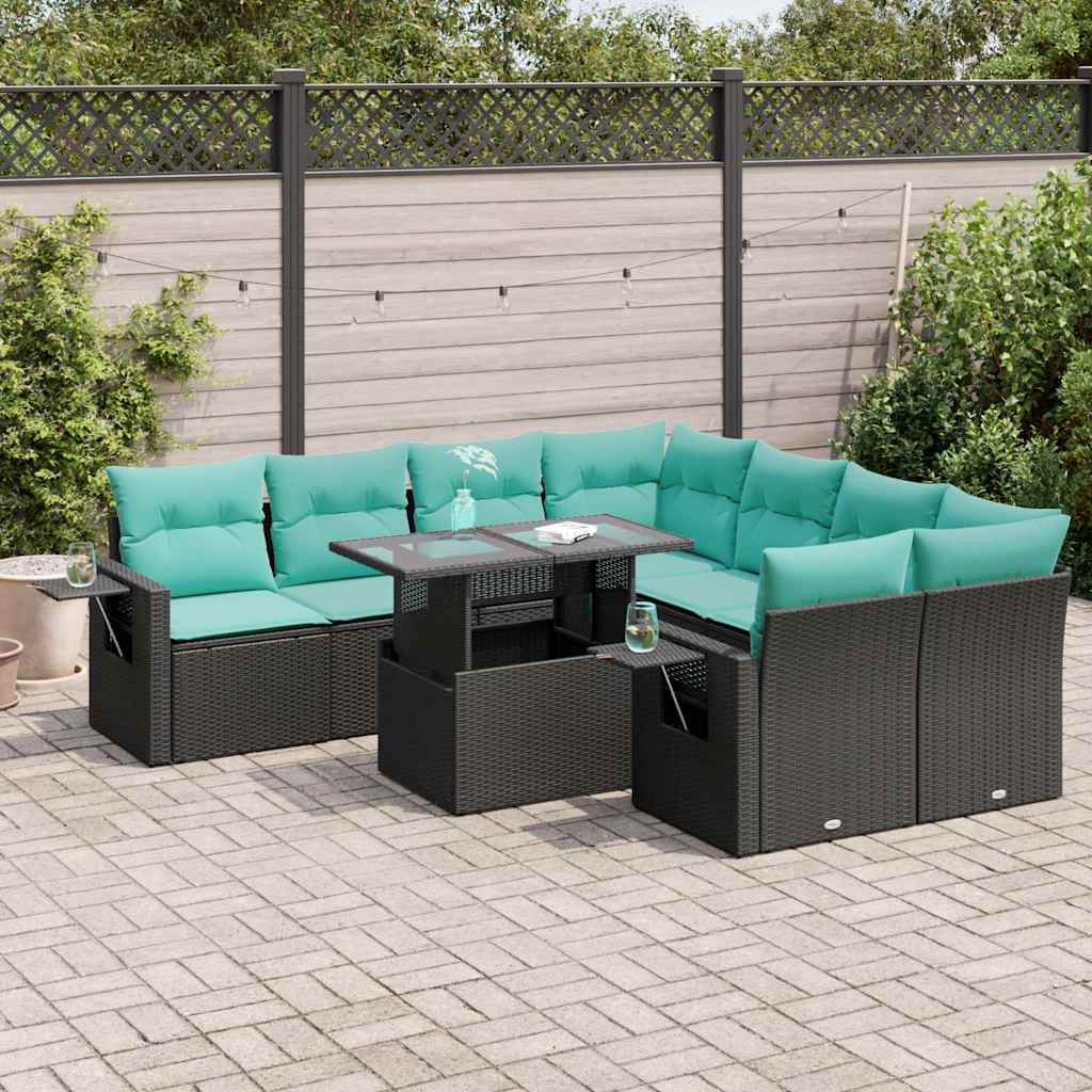 9 részes fekete polyrattan akácfa kerti ülőgarnitúra párnákkal