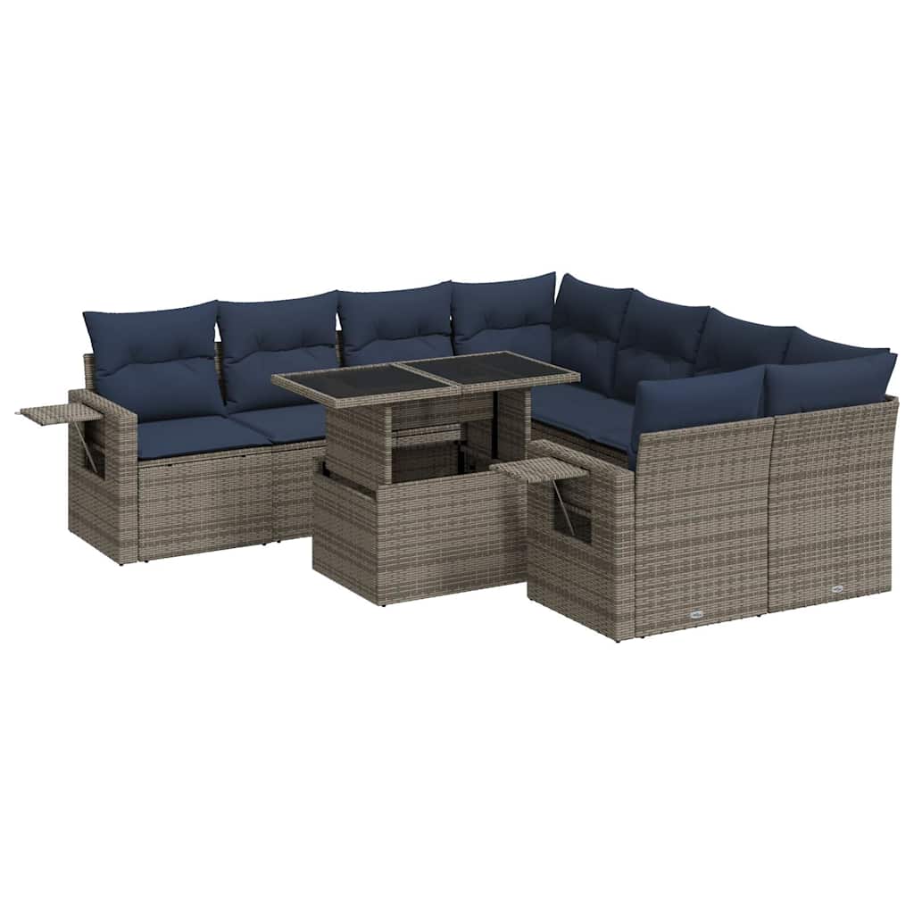 9 részes szürke polyrattan akácfa kerti ülőgarnitúra párnákkal