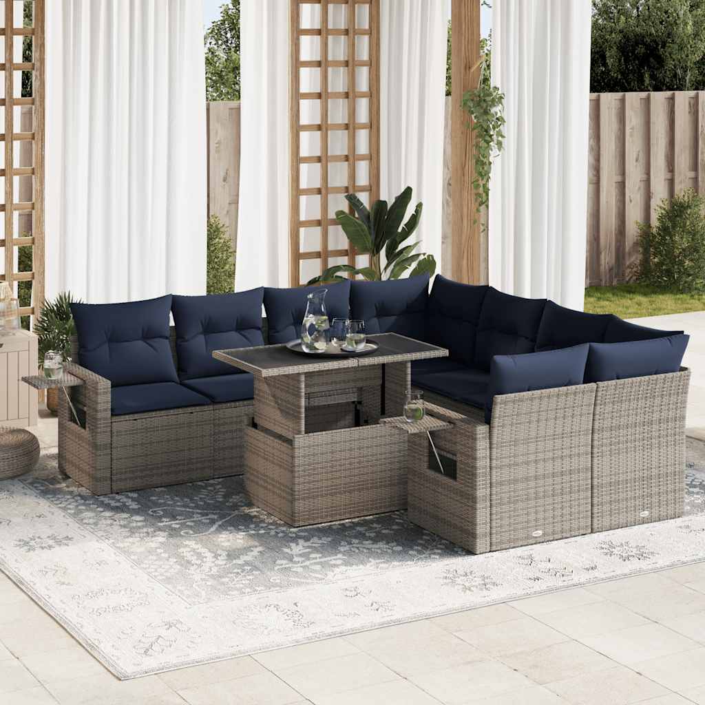 9 részes szürke polyrattan akácfa kerti ülőgarnitúra párnákkal