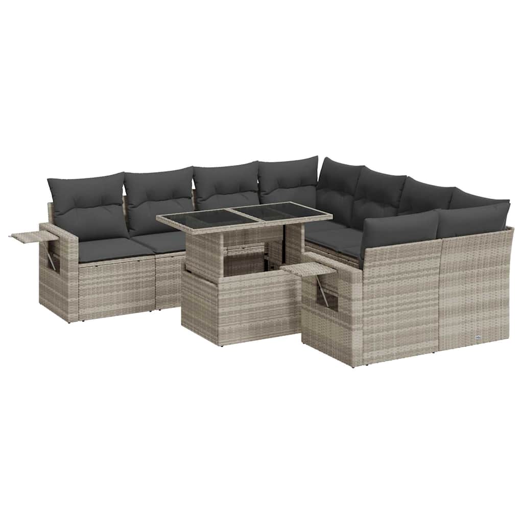9 részes világosszürke polyrattan kerti ülőgarnitúra párnával
