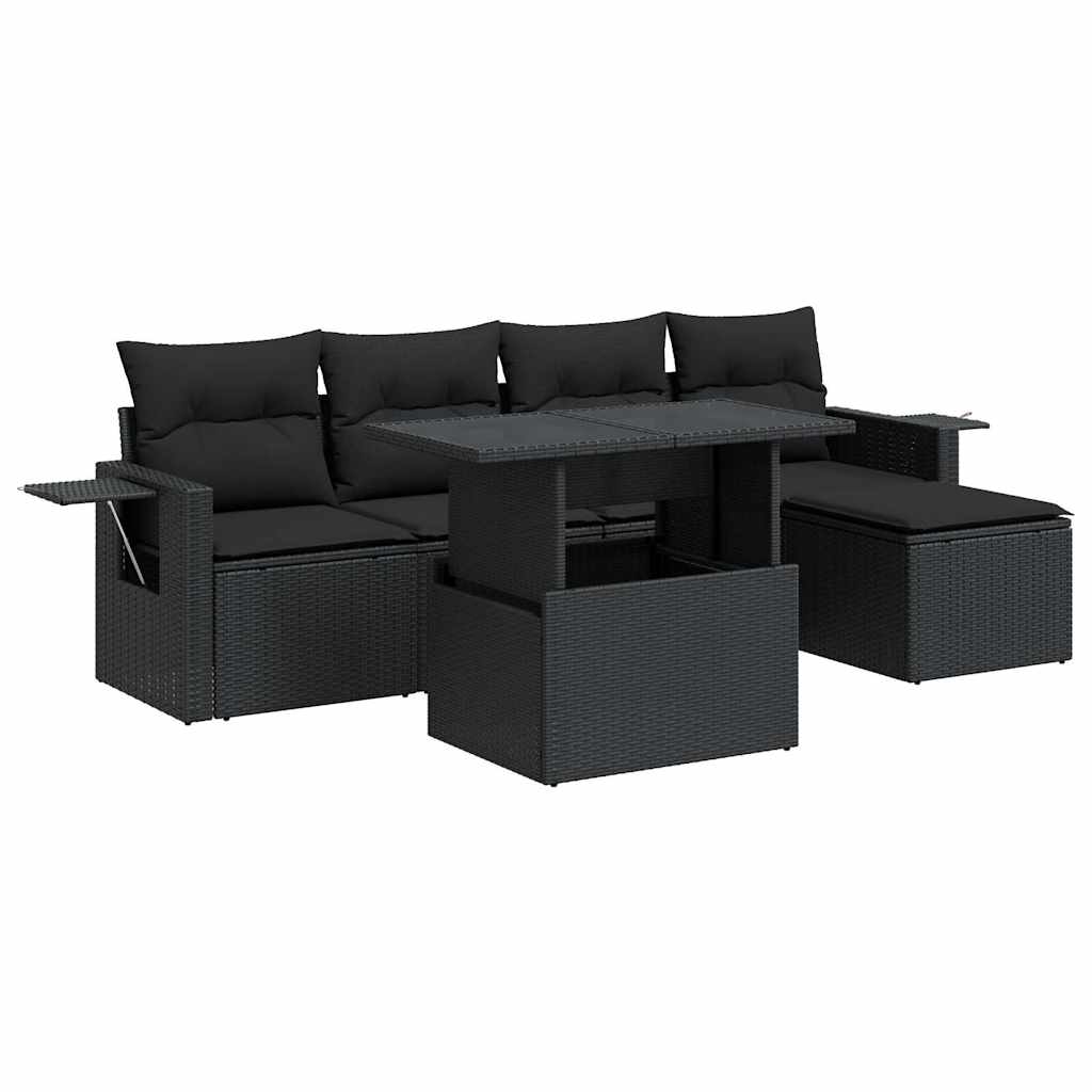 6 részes fekete polyrattan kerti ülőgarnitúra párnákkal