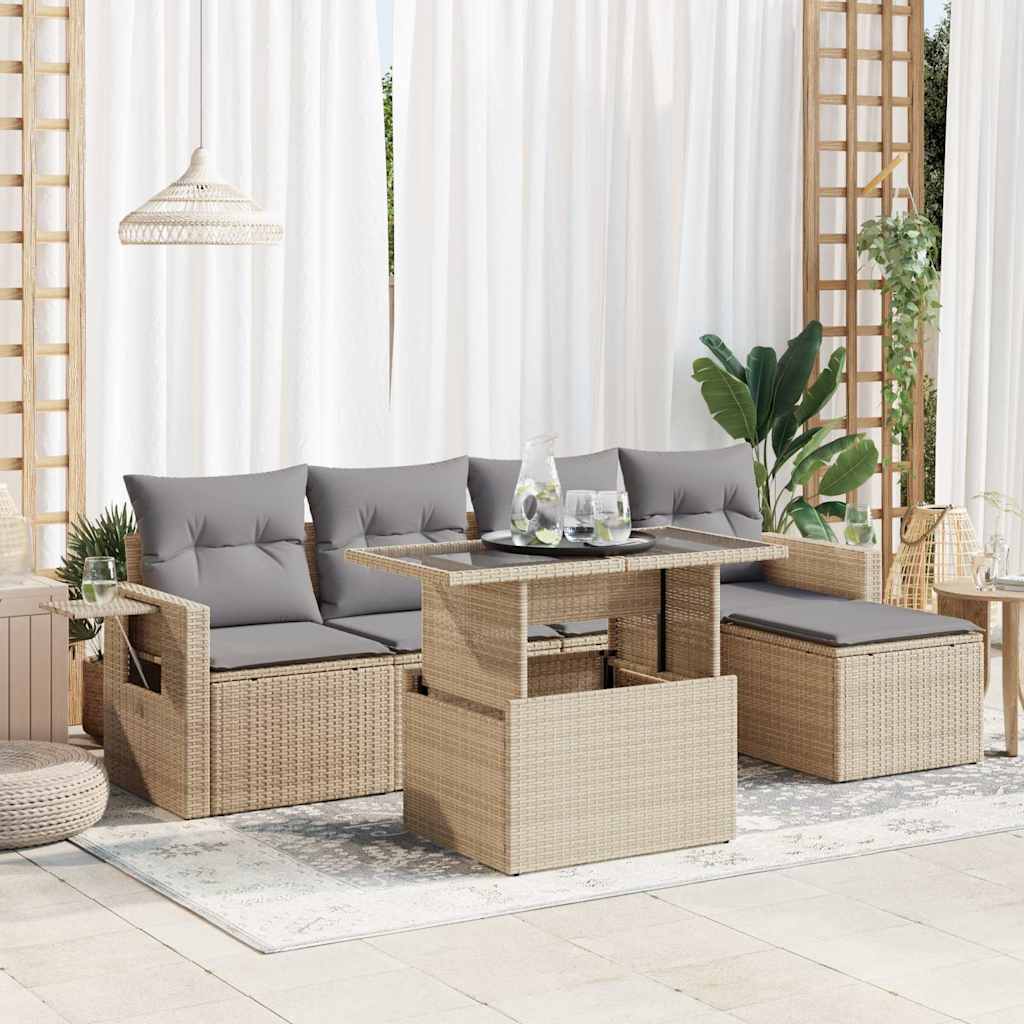 6 részes bézs polyrattan kerti ülőgarnitúra párnával