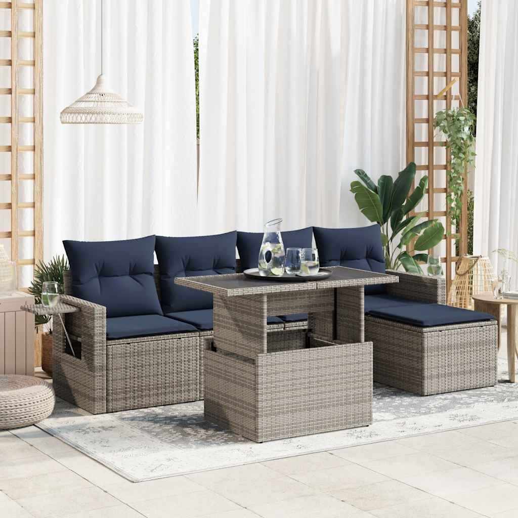 6 részes szürke polyrattan akácfa kerti ülőgarnitúra párnákkal