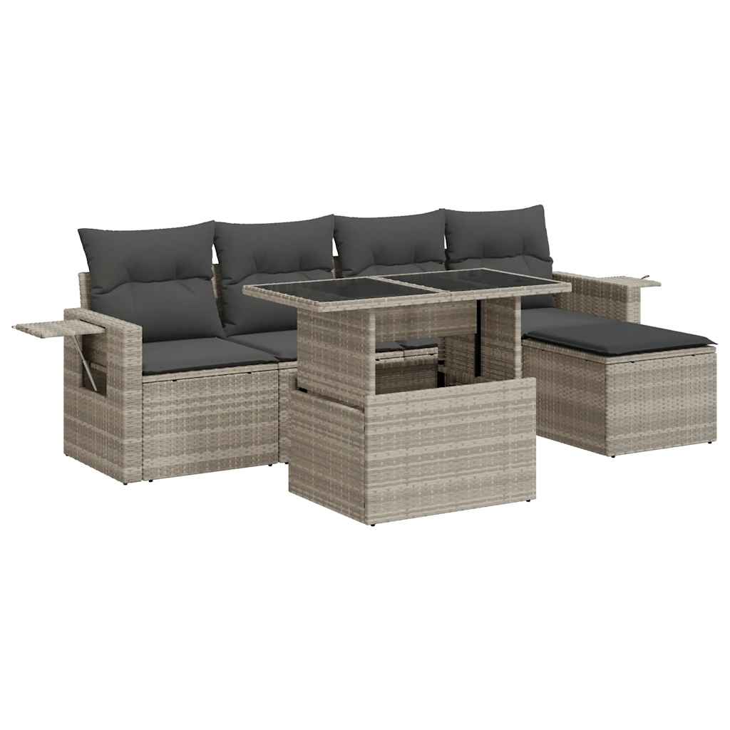 6 részes világosszürke polyrattan kerti ülőgarnitúra párnákkal