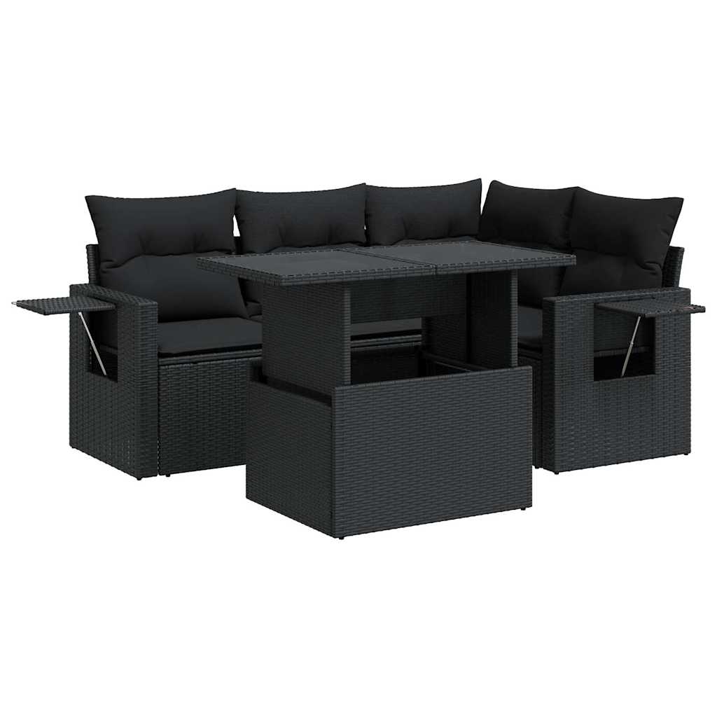 5 részes fekete polyrattan kerti kanapészett párnákkal