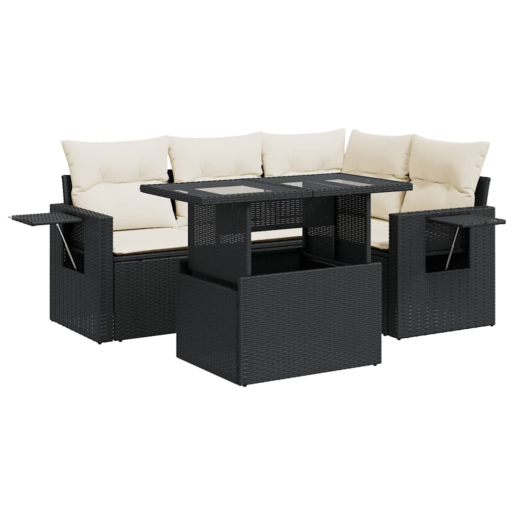 5 részes fekete polyrattan kerti kanapészett párnákkal