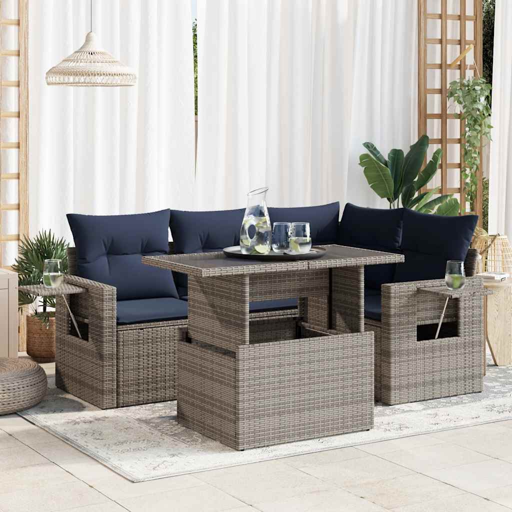 5 részes szürke polyrattan akácfa kerti kanapészett párnákkal