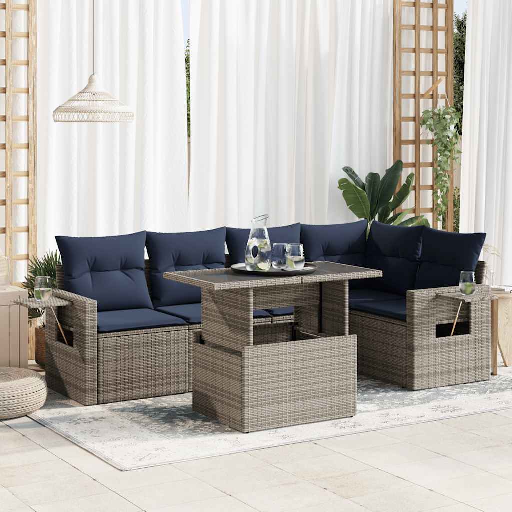 6 részes szürke polyrattan akácfa kerti ülőgarnitúra párnákkal