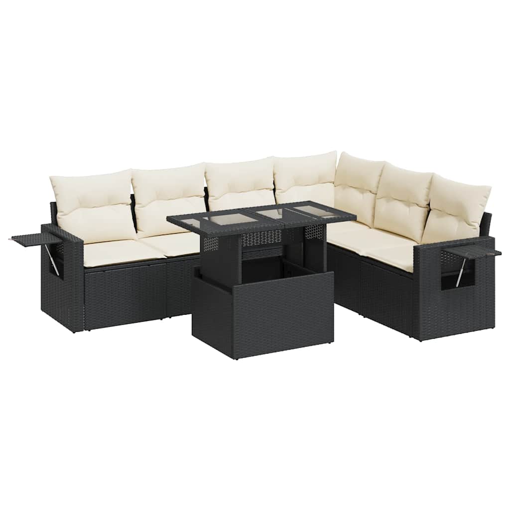 7 részes fekete polyrattan kerti ülőgarnitúra párnával