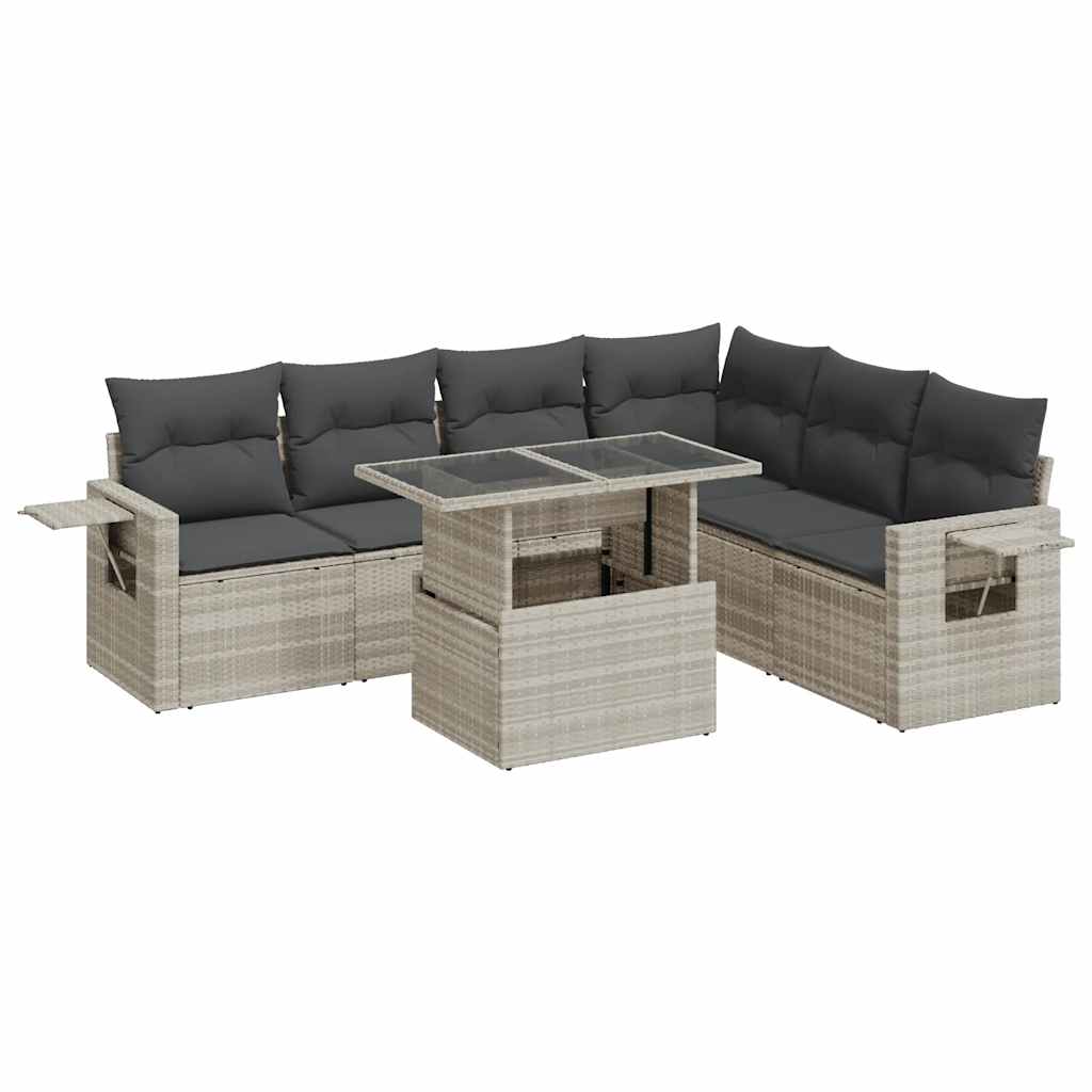 7 részes világosszürke polyrattan kerti ülőgarnitúra párnákkal