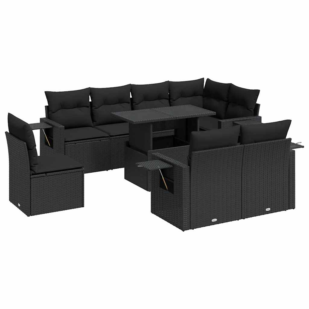 9 részes fekete polyrattan kerti ülőgarnitúra párnákkal
