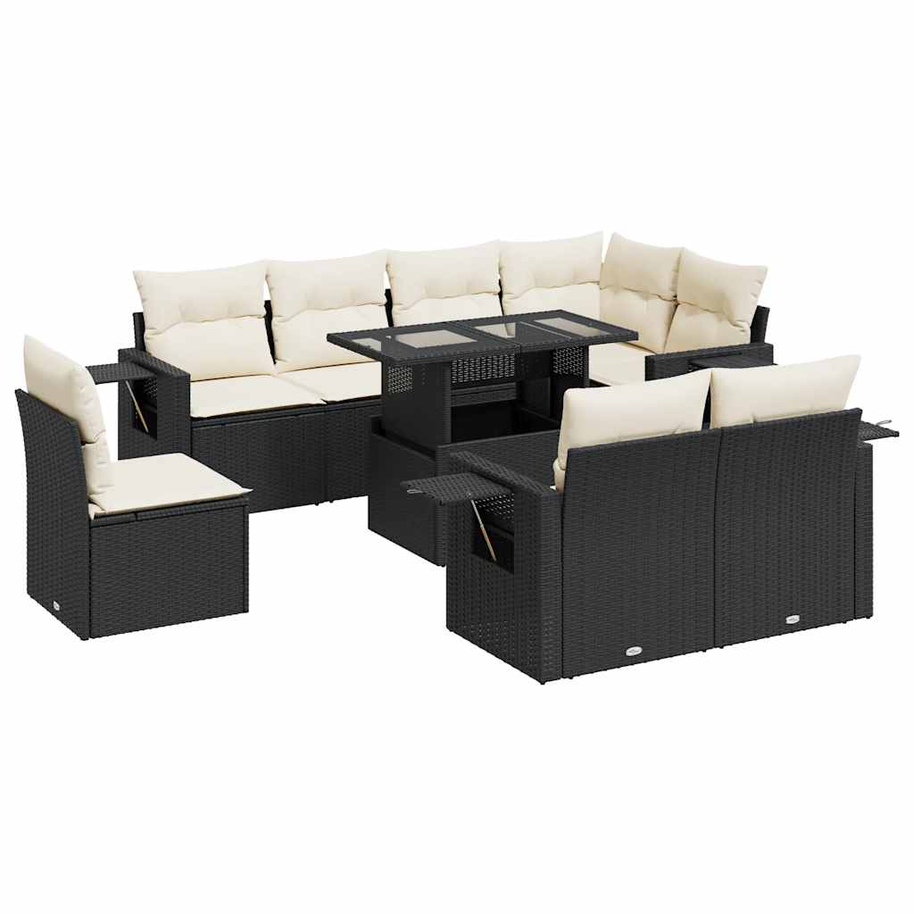 9 részes fekete polyrattan kerti ülőgarnitúra párnákkal