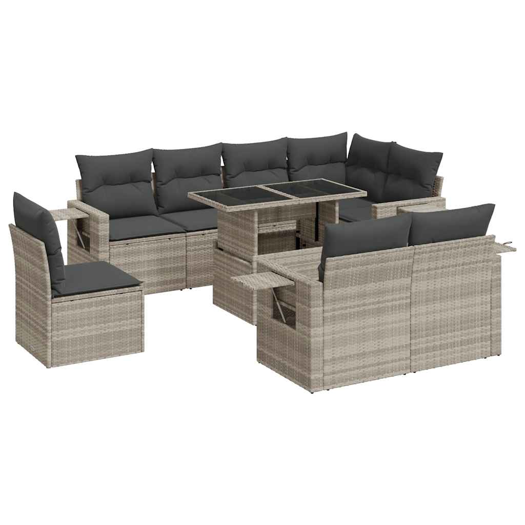 9 részes világosszürke polyrattan kerti ülőgarnitúra párnával