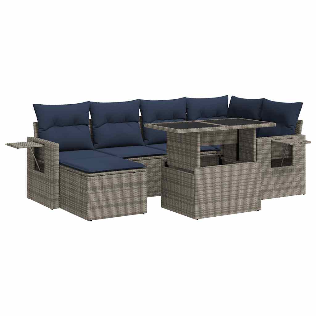 7 részes szürke polyrattan akácfa kerti ülőgarnitúra párnákkal