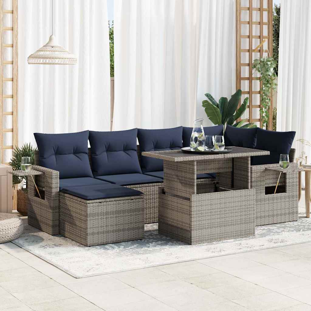 7 részes szürke polyrattan akácfa kerti ülőgarnitúra párnákkal