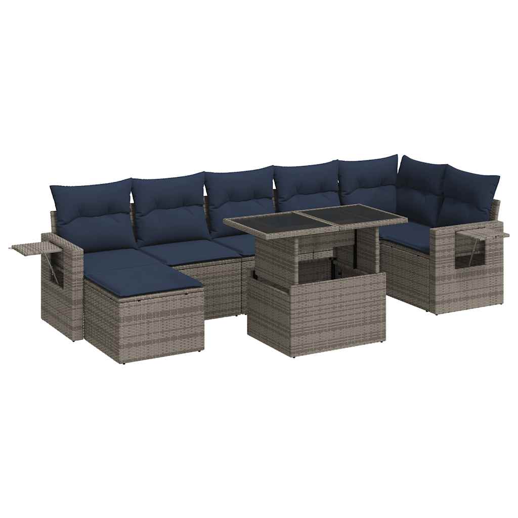 8 részes szürke polyrattan akácfa kerti ülőgarnitúra párnákkal