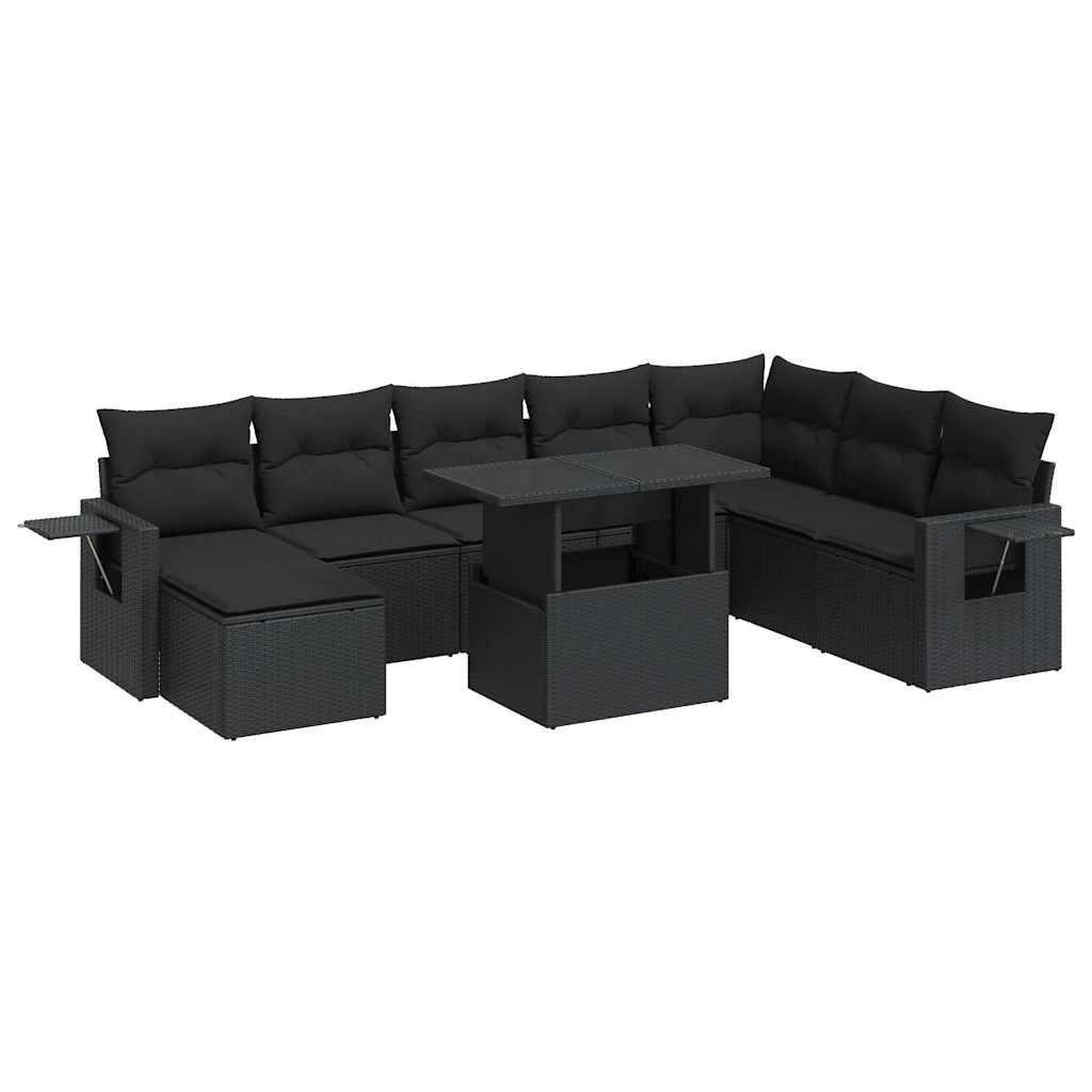 9 részes fekete polyrattan kerti ülőgarnitúra párnákkal