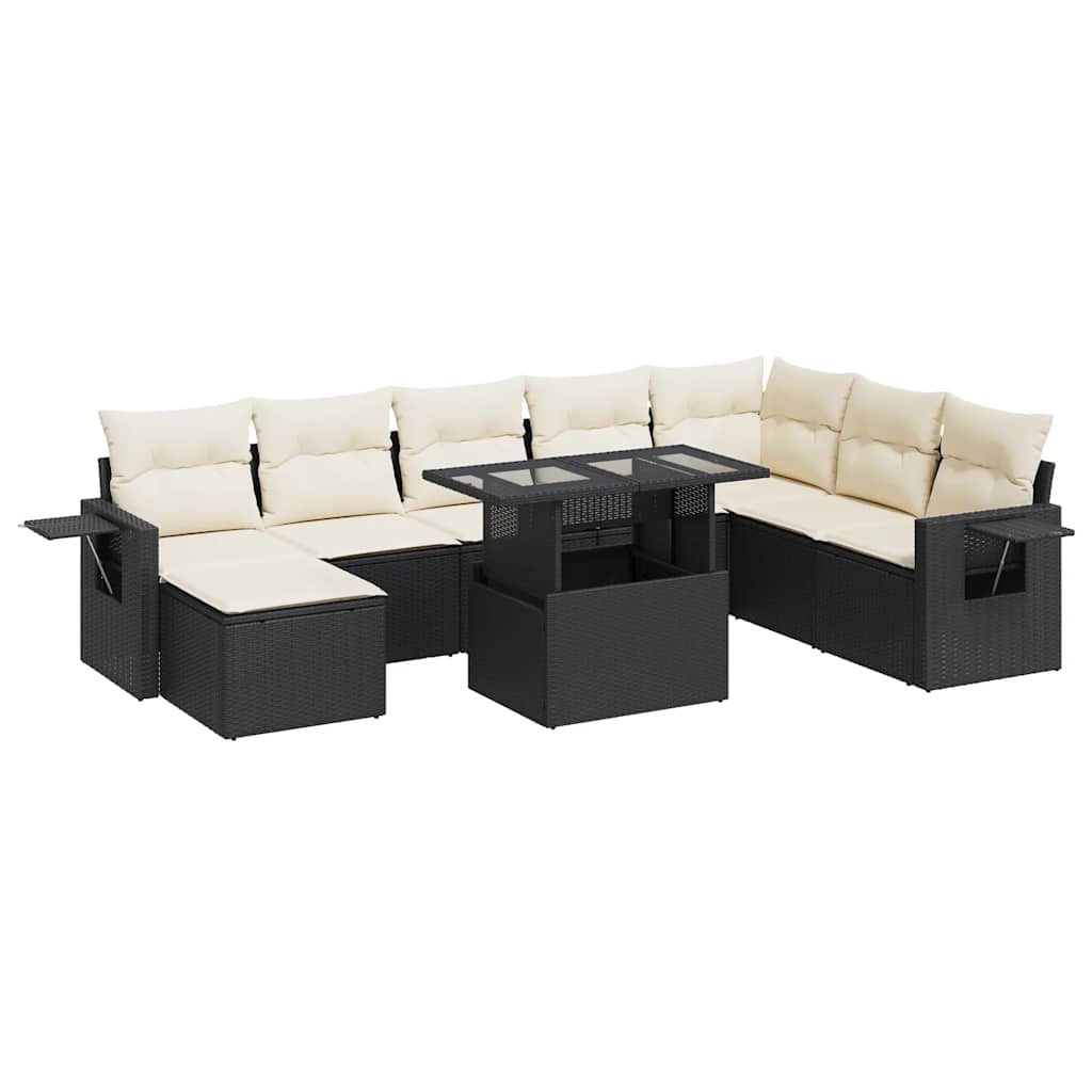 9 részes fekete polyrattan kerti ülőgarnitúra párnákkal