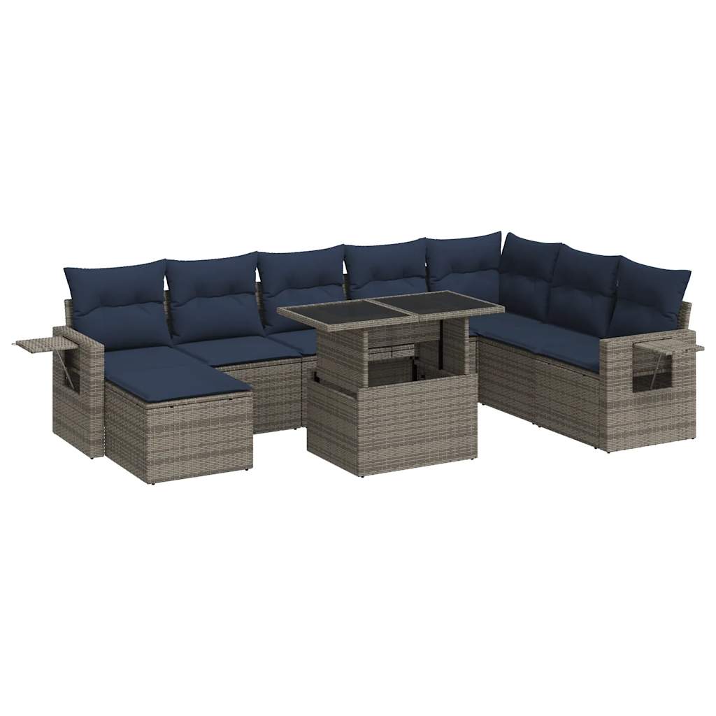 9 részes szürke polyrattan akácfa kerti ülőgarnitúra párnákkal