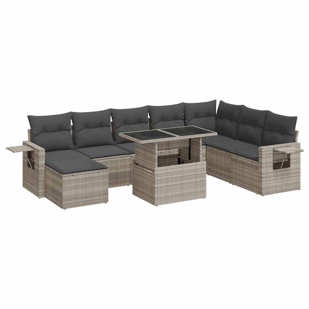 9 részes világosszürke polyrattan kerti ülőgarnitúra párnával