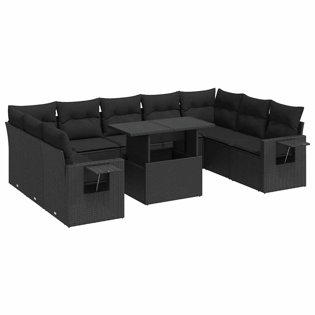 10 részes fekete polyrattan kerti ülőgarnitúra párnákkal