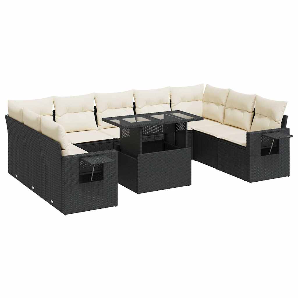 10 részes fekete polyrattan kerti ülőgarnitúra párnákkal