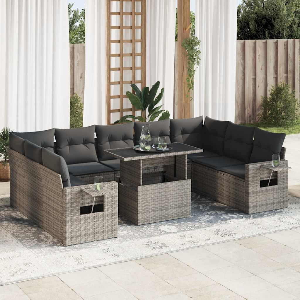 10 részes szürke polyrattan kerti ülőgarnitúra párnákkal