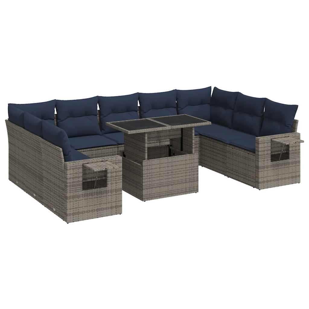 10 részes szürke polyrattan akácfa kerti ülőgarnitúra párnákkal