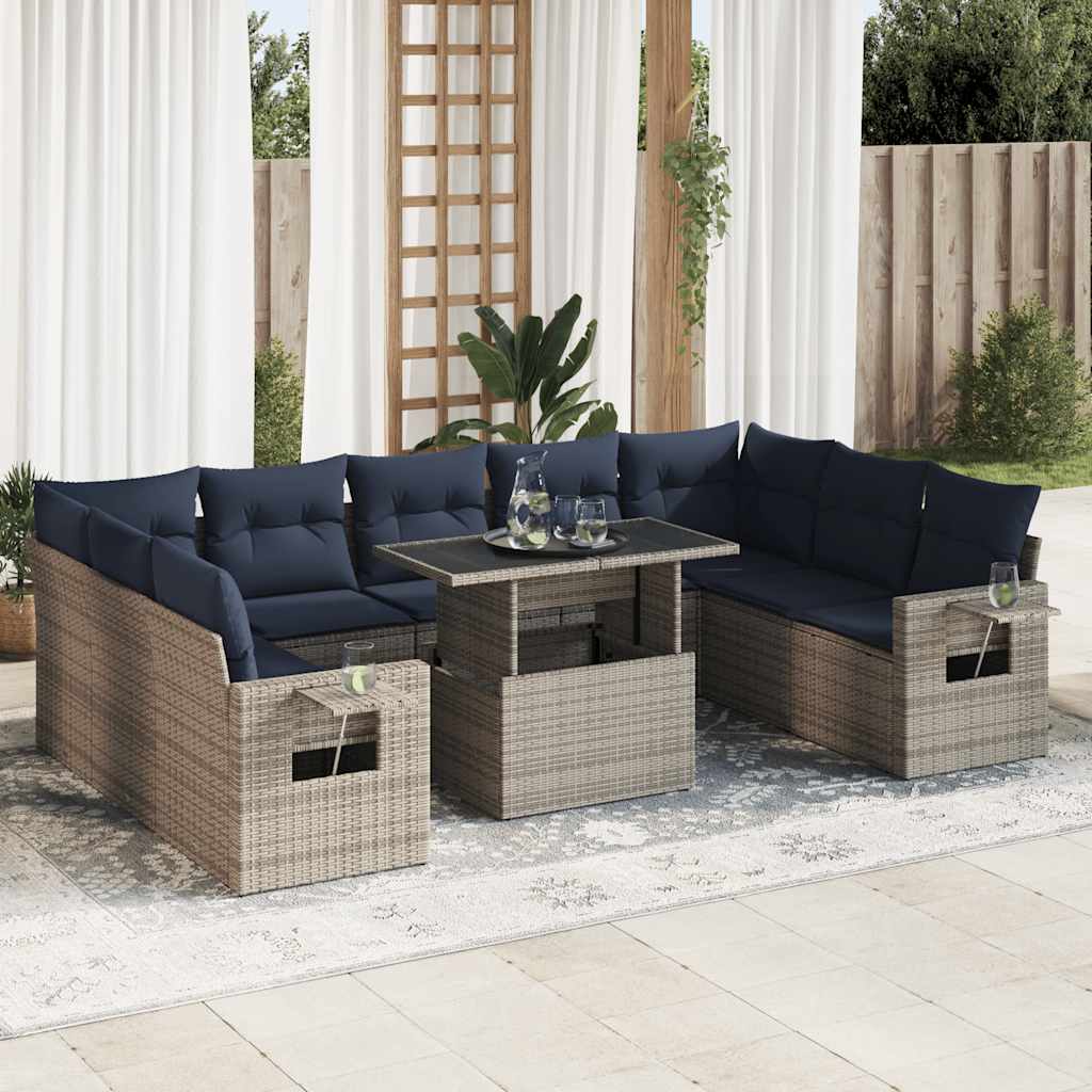10 részes szürke polyrattan akácfa kerti ülőgarnitúra párnákkal