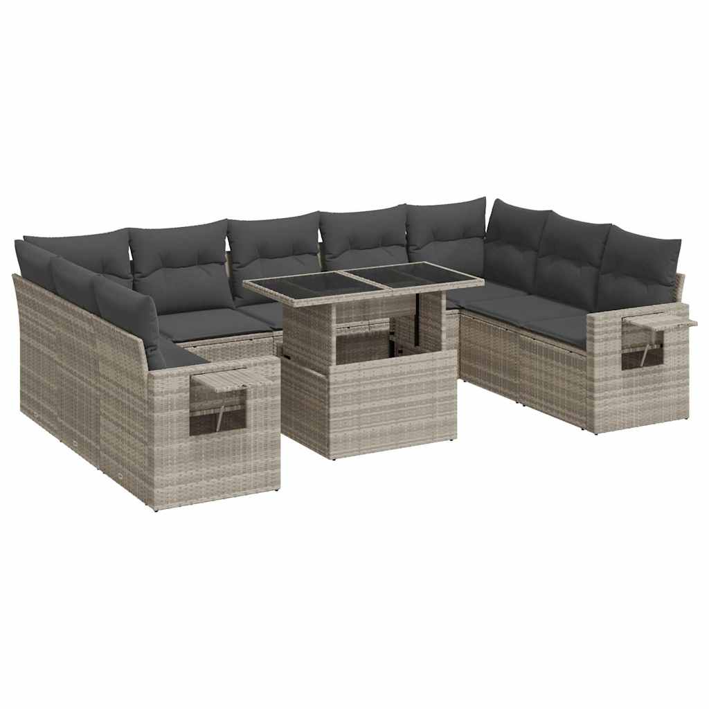 10 részes világosszürke polyrattan kerti ülőgarnitúra párnákkal